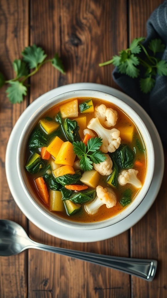 Zero Carb Vegetable Soup Recipe A bowl of zero carb vegetable soup with spinach, cauliflower, and zucchini, garnished with parsley on a rustic table.